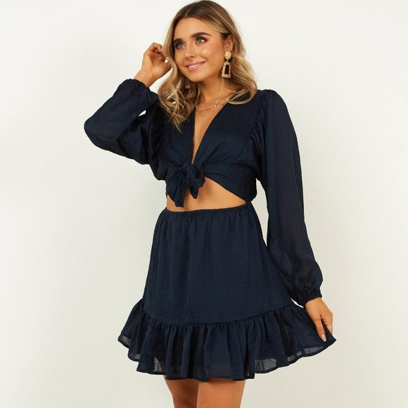 Showpo NWT | Size 10 | Long Sleeve Front Tie Up Consideration Mini Dress Lined - Picture 2 of 13